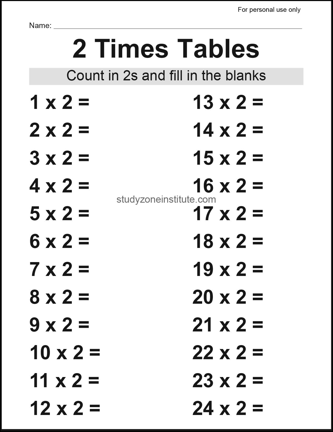 2 Times Tables Worksheet Fill Blanks Study Zone - Study Zone Institute